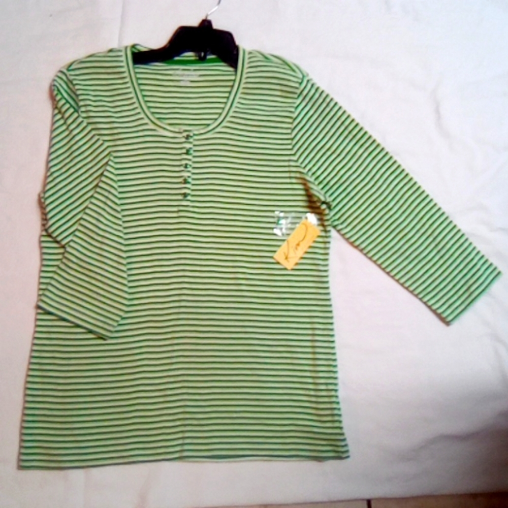 Kim Rogers 3/4 sleeve button neck striped tee